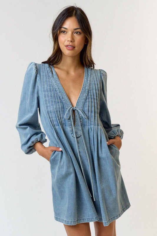 Pleated Front Denim Romper