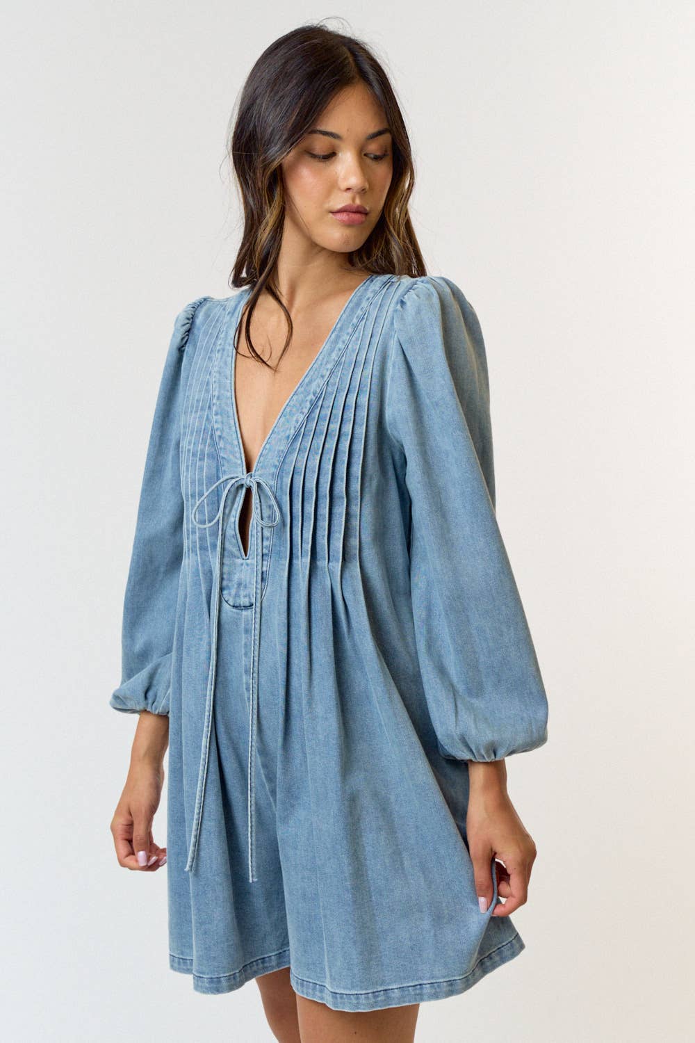 Pleated Front Denim Romper