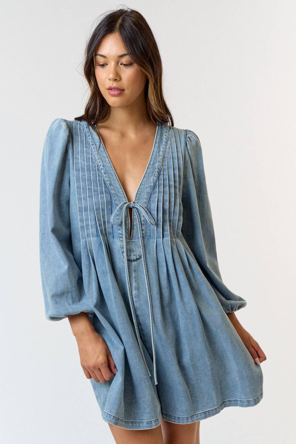 Pleated Front Denim Romper