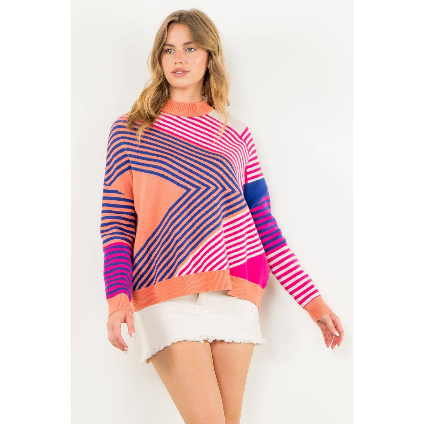 Mock Neck Striped Pattern Sweater