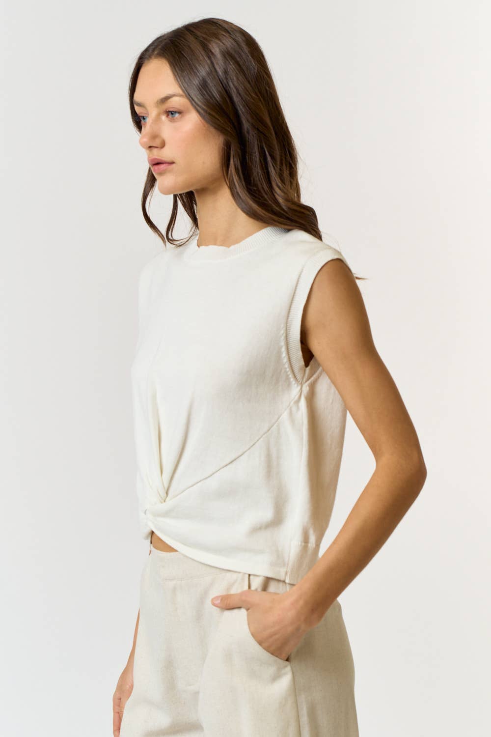 Twisted Front Sleeveless Sweater Top