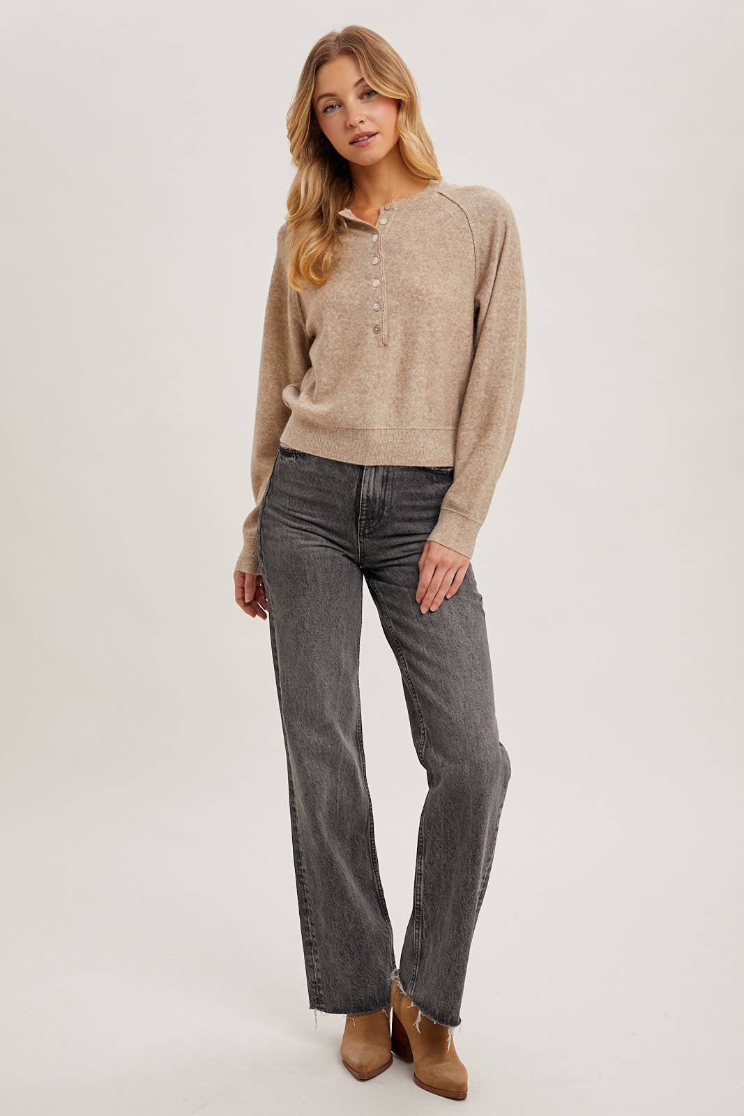 Button Detail Knit Sweater - Latte