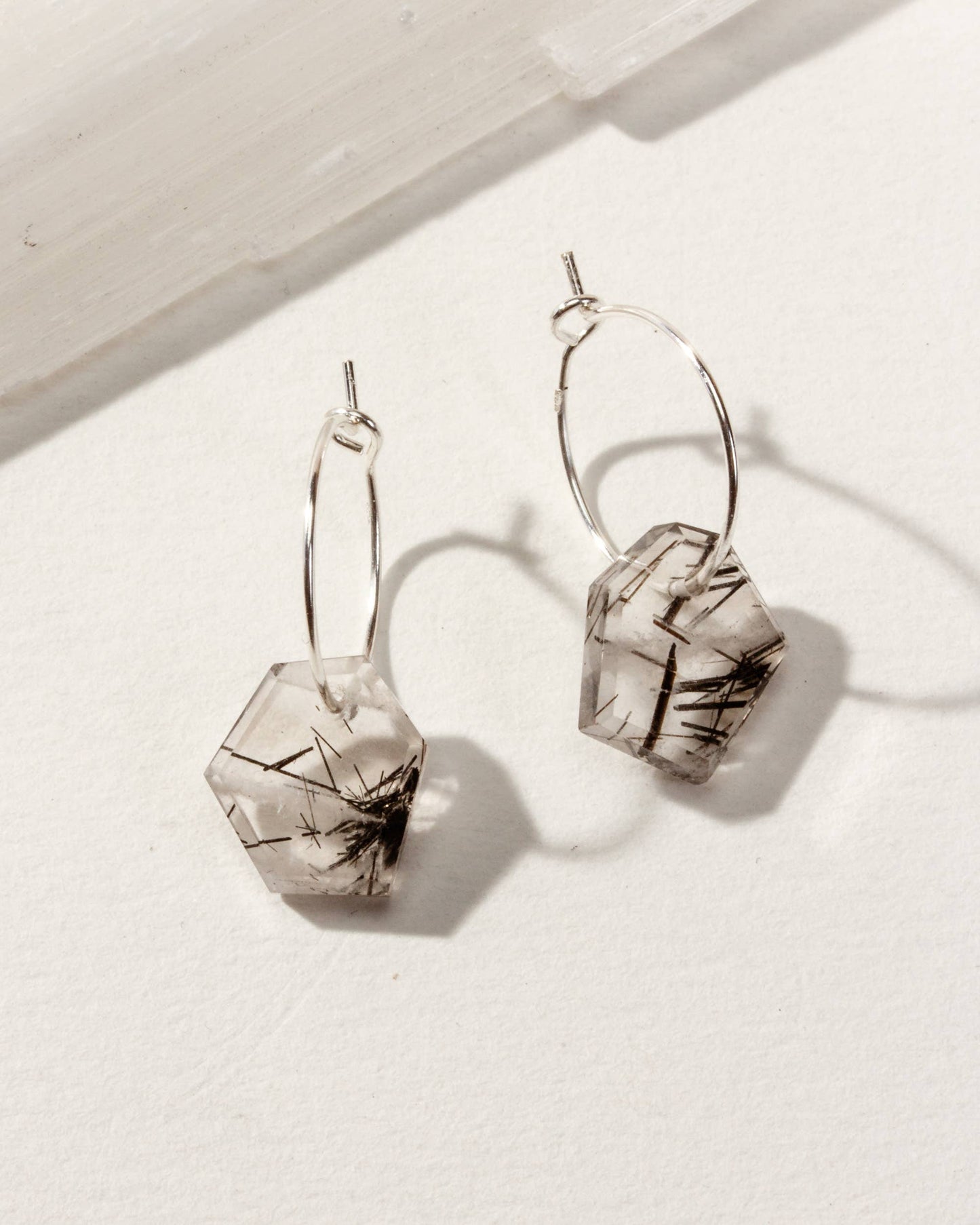 Sterling Silver Geometry Mini Hoop Earring-Tourmalinated Qtz