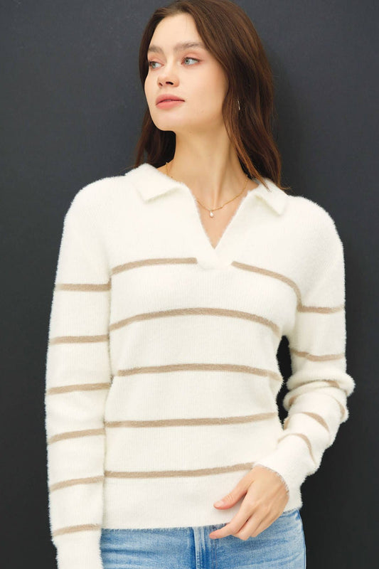 Collared Fuzzy V-Neck Sweater