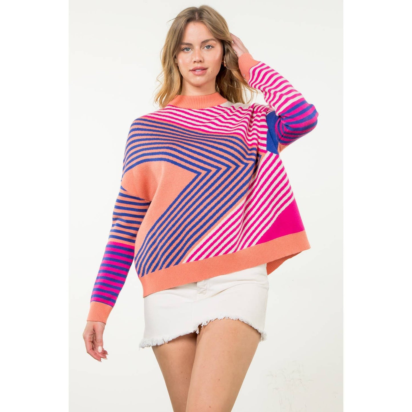 Mock Neck Striped Pattern Sweater