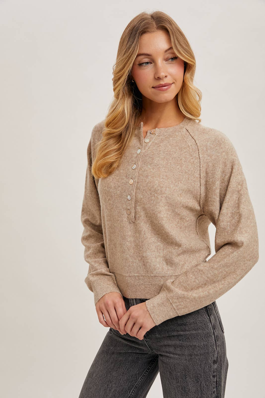 Button Detail Knit Sweater - Latte