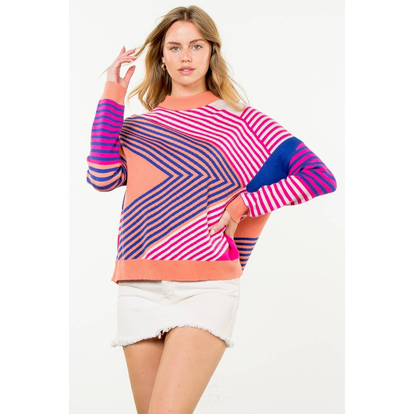 Mock Neck Striped Pattern Sweater