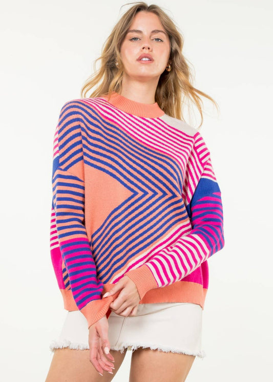 Mock Neck Striped Pattern Sweater