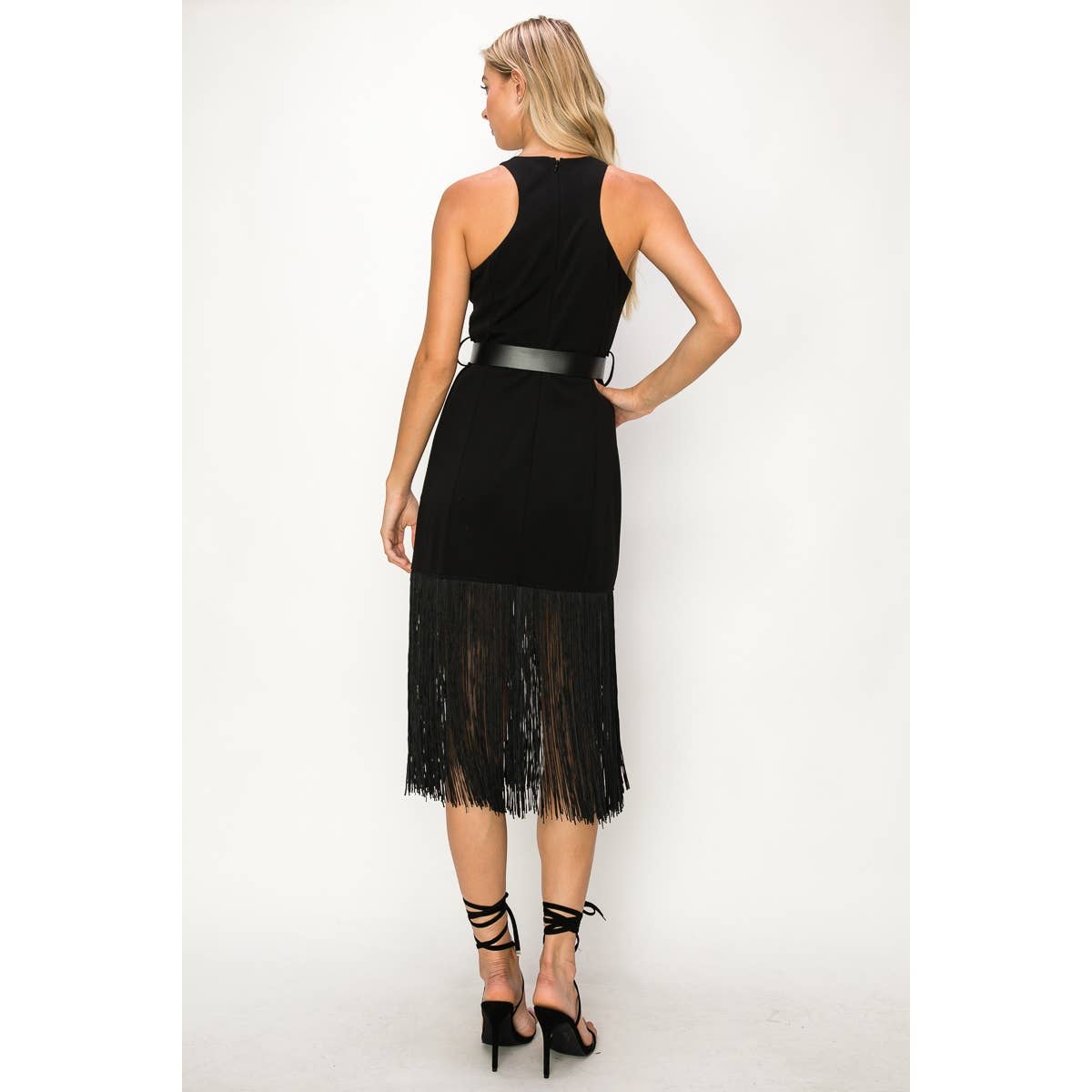 Stretch Buckled Belt Trim Fringed Midi Dress