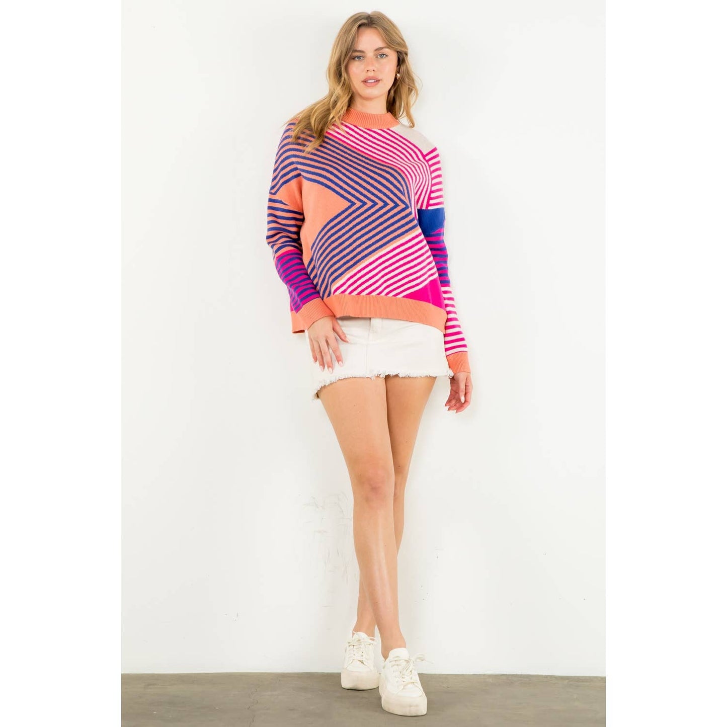 Mock Neck Striped Pattern Sweater