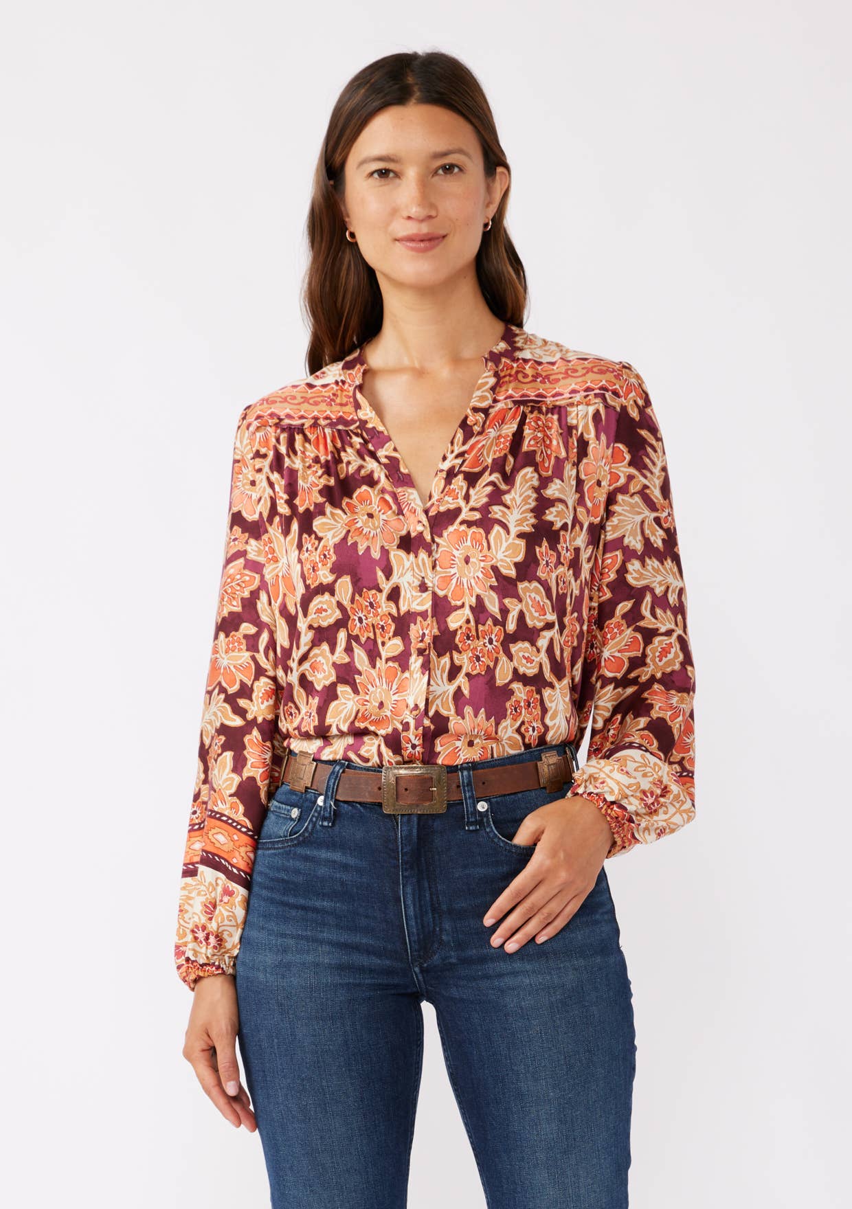 Wine Fall Floral Button-Down Top