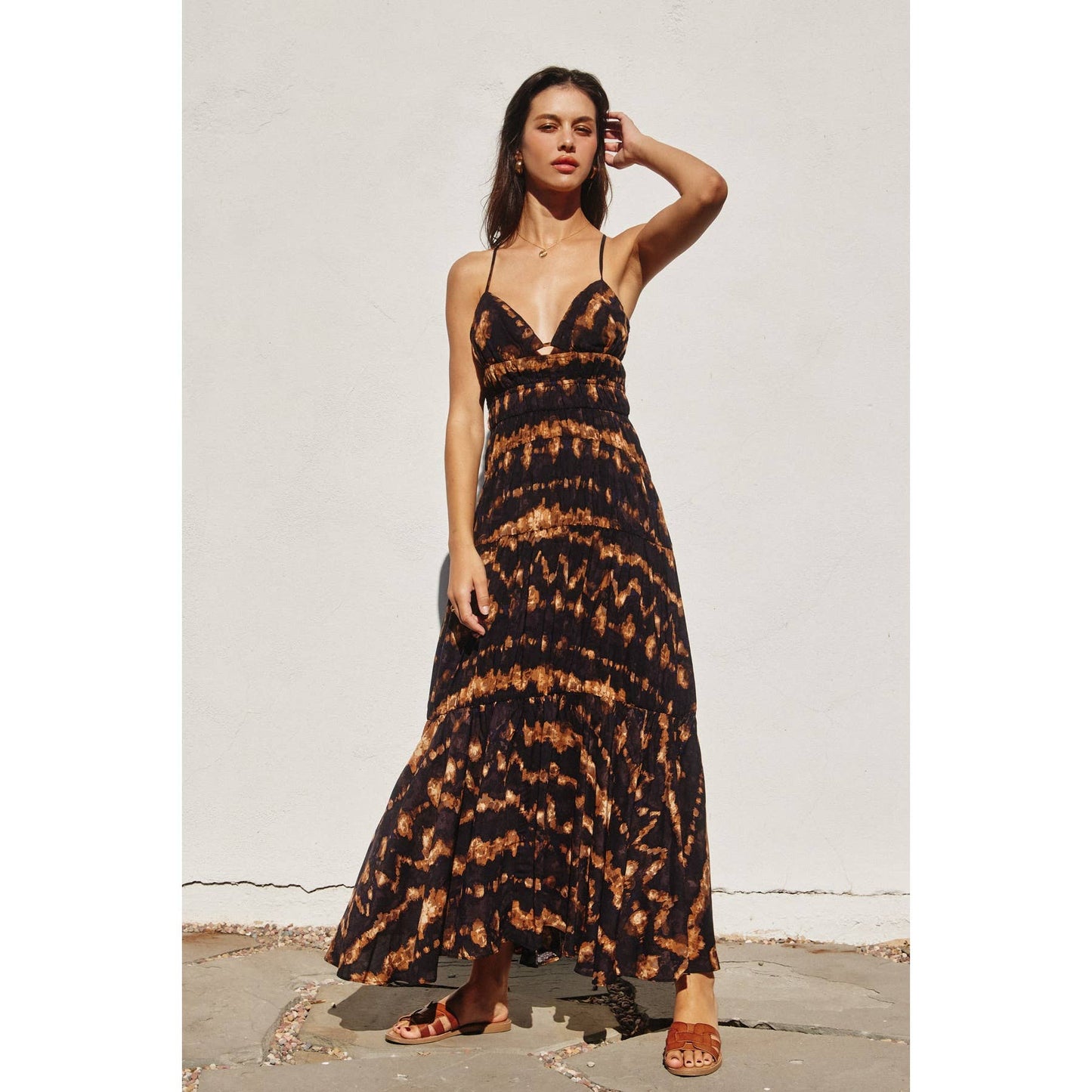 Tie Dye Print Tiered Maxi Dress