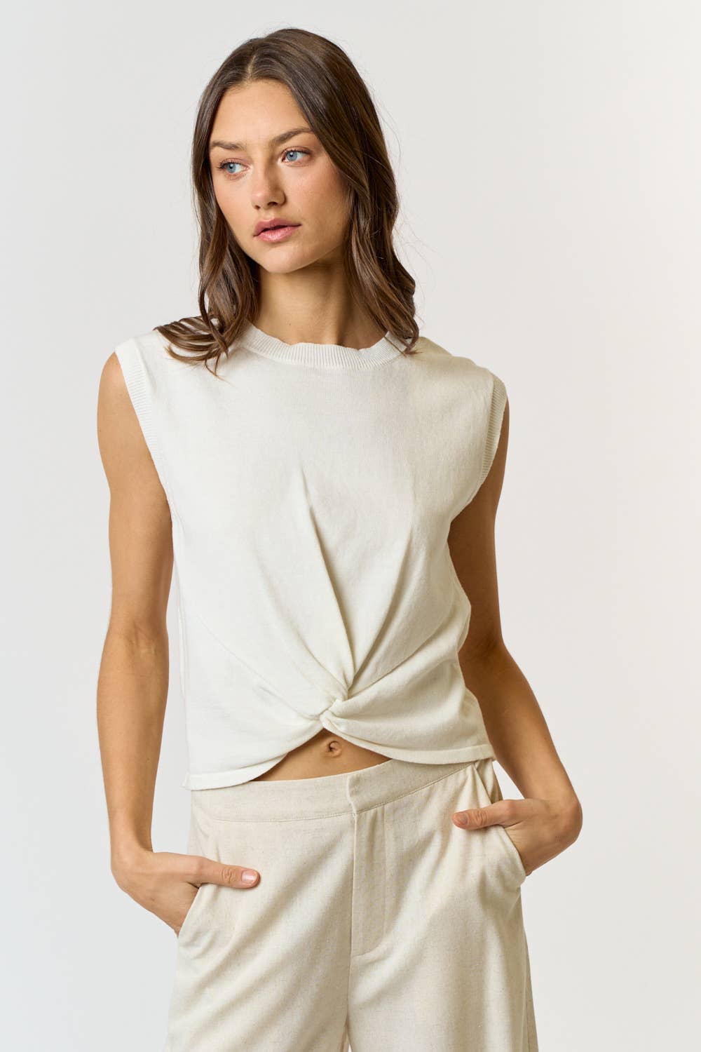 Twisted Front Sleeveless Sweater Top