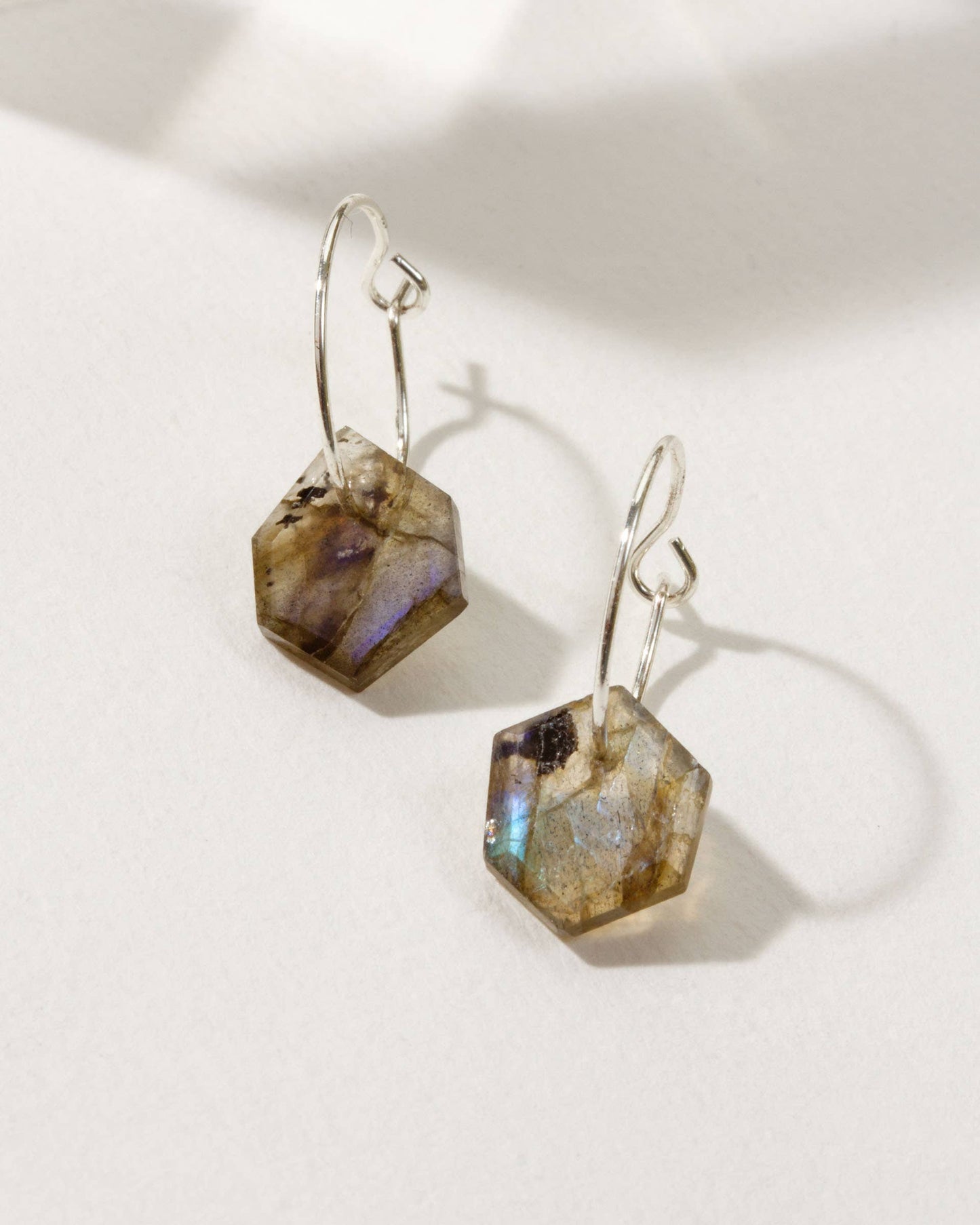 Sterling Silver Geometry Mini Hoop Earrings- Labradorite