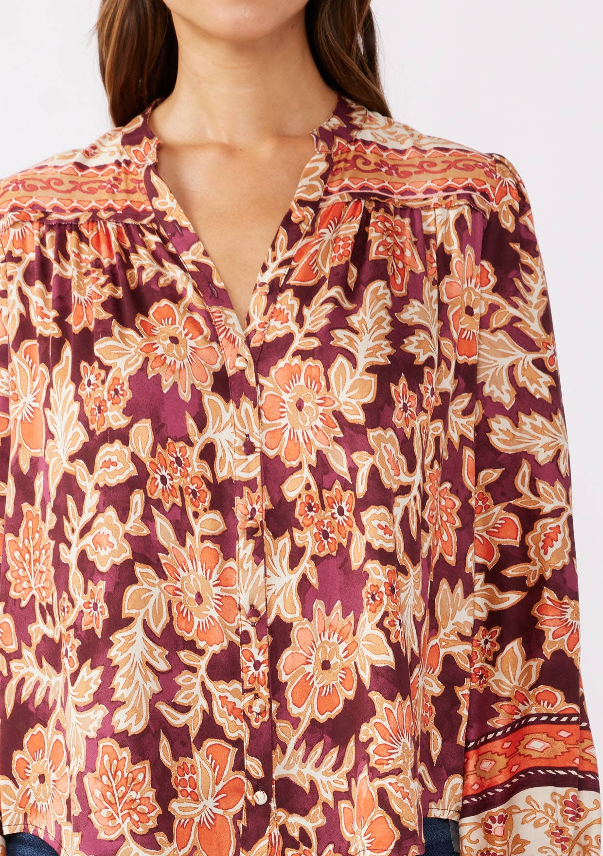 Wine Fall Floral Button-Down Top