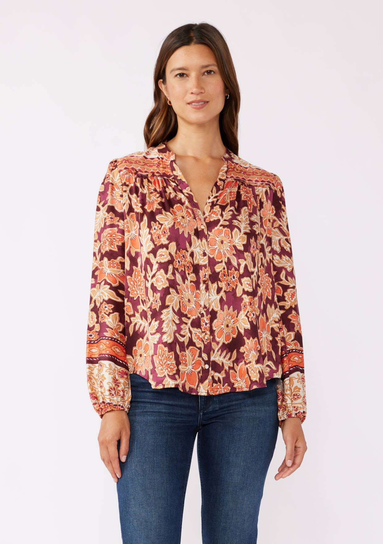 Wine Fall Floral Button-Down Top