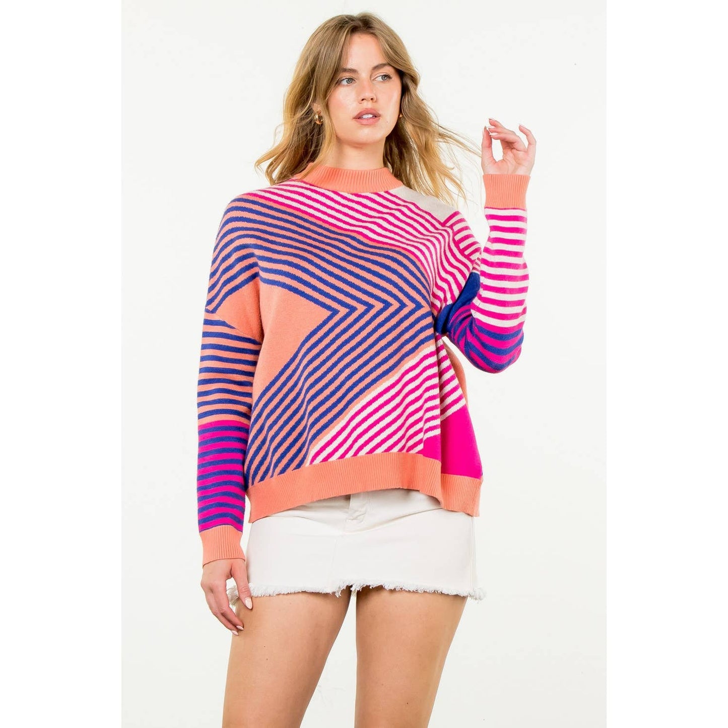 Mock Neck Striped Pattern Sweater