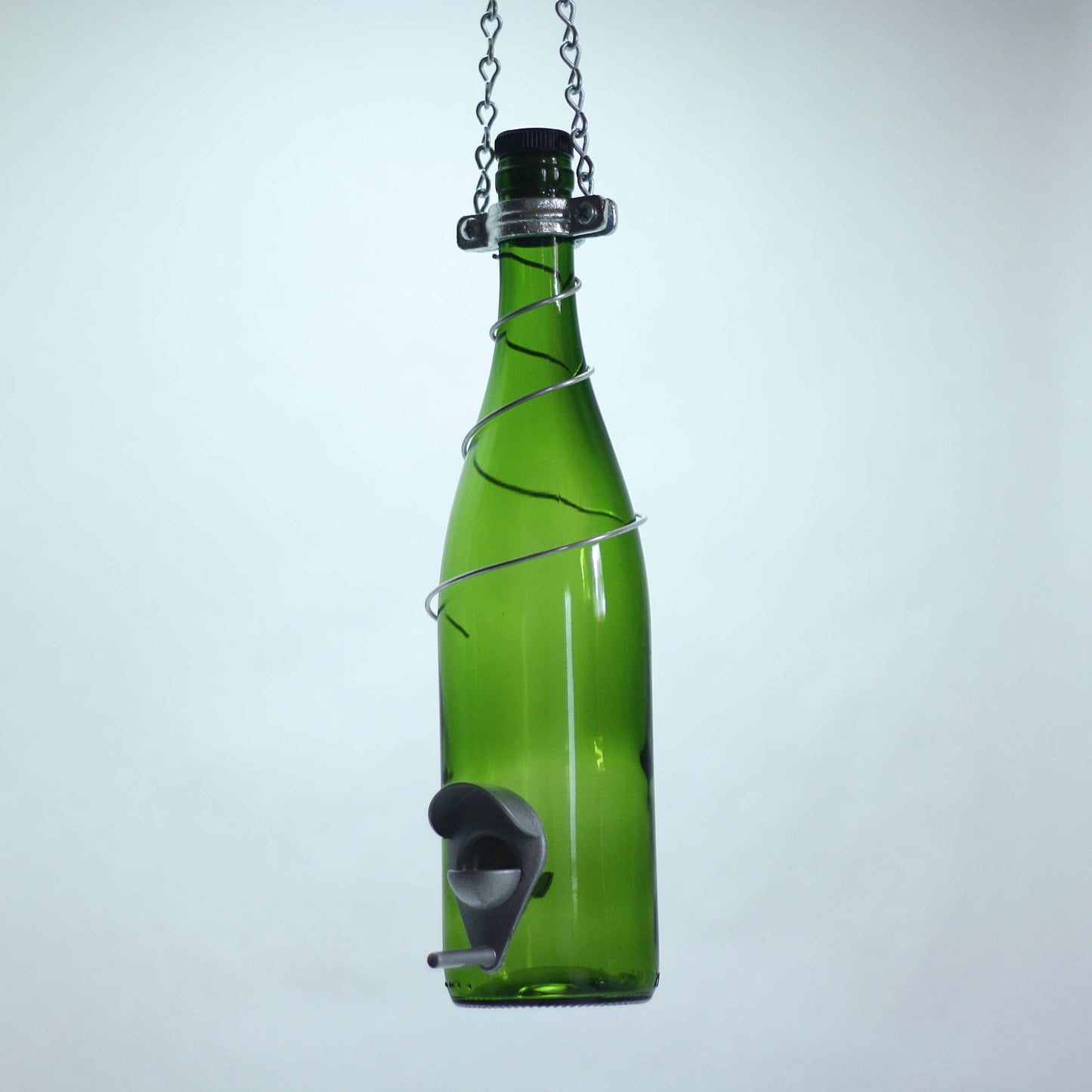 Glass Wine Bottle Bird Feeder - Green