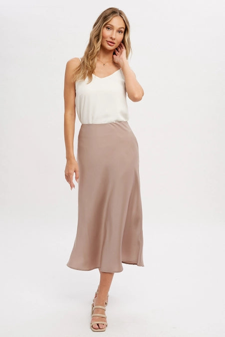 Taupe Satin Midi Skirt